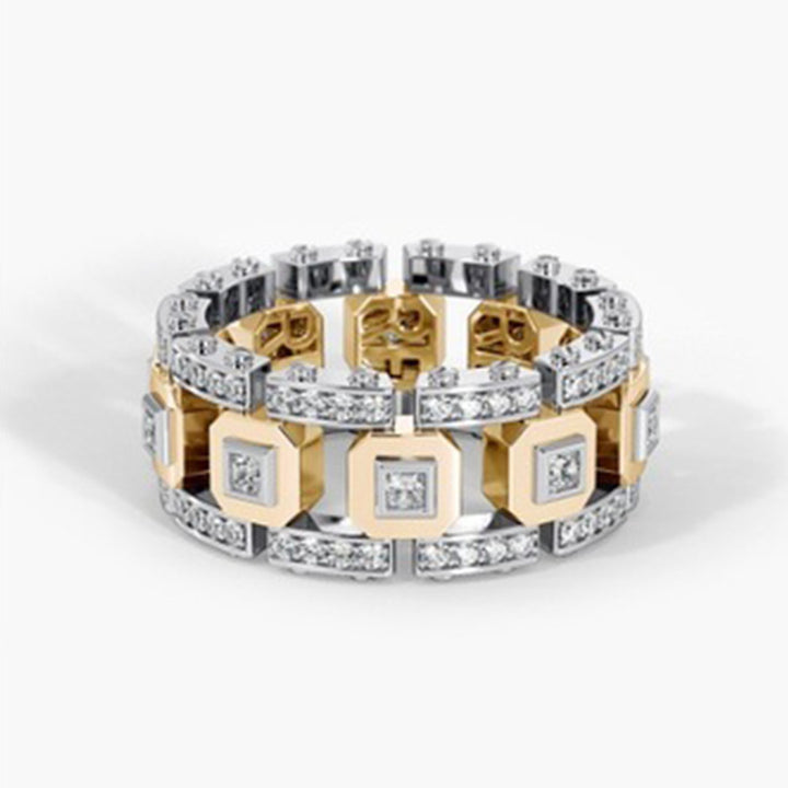 Two-Tone Linked Chain Hollow Full Paved Diamond Wide Ring, S925 Silver Silver-Gold / Silver-Rose Gold Luxury Unisex Band