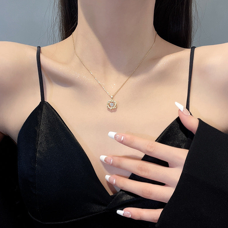 Rotatable Four-Leaf Clover Diamond Necklace, Gold & Silver 2 Colors, Dainty Choker