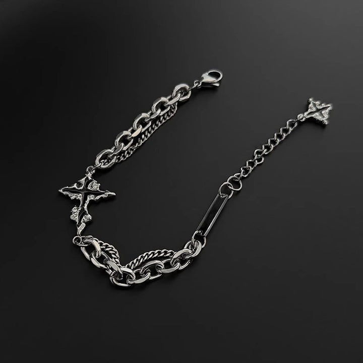 Hip Hop Double Layer Four-Pointed Star Necklace & Bracelet Set, Vintage Silver Enamel Star Unisex Street Accessories