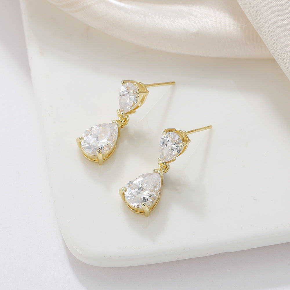 Double Teardrop Diamond Drop S925 Silver Earrings, Luxury Two Linked Pear Cut Diamond Long Dangle Earrings, Gold & Silver Two Tones
