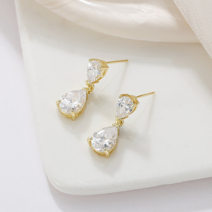 Double Teardrop Diamond Drop S925 Silver Earrings, Luxury Two Linked Pear Cut Diamond Long Dangle Earrings, Gold & Silver Two Tones