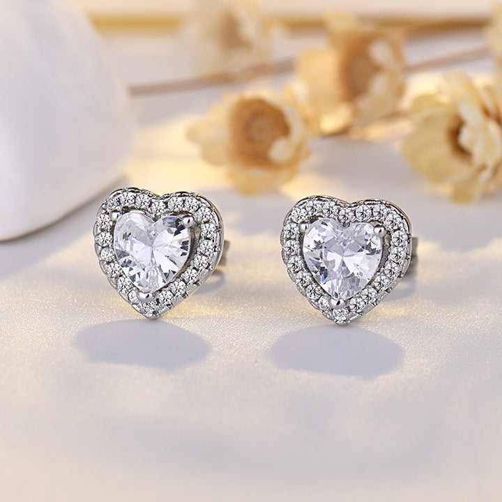S925 Silver Heart Halo Diamond Stud Earrings, Luxury Heart Shape Paved Earrings in Gold & Silver Two Tones