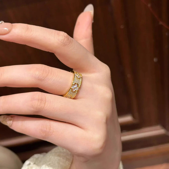 Vintage Paved Diamond Spliced Open Wide Ring, Gold & Silver Luxury Carved Adjustable Band for Women