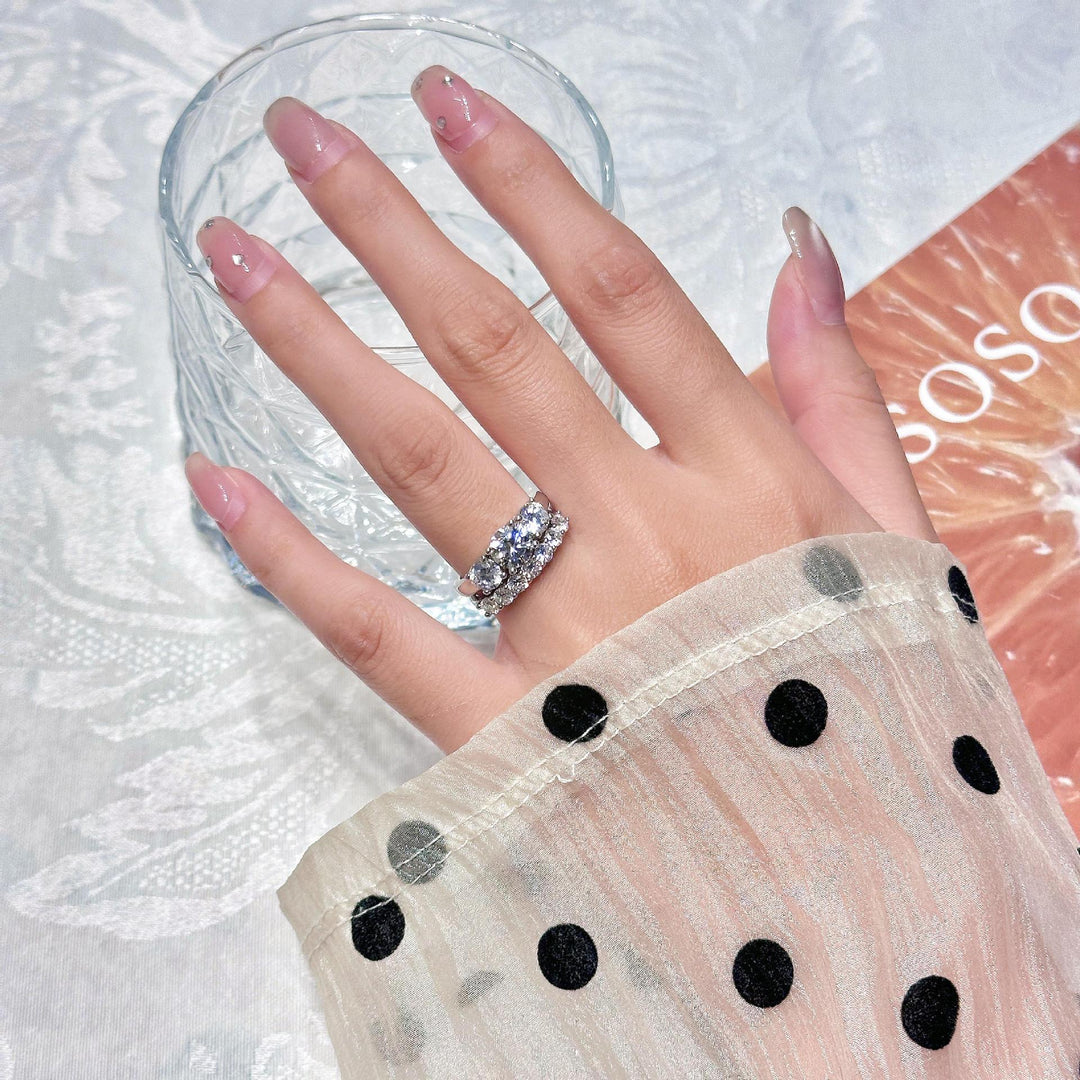 Classic Three Diamond Ring Set, 3-Stone Engagement Ring & Half Eternity Band Gold Silver Stackable Bridal Wedding Rings