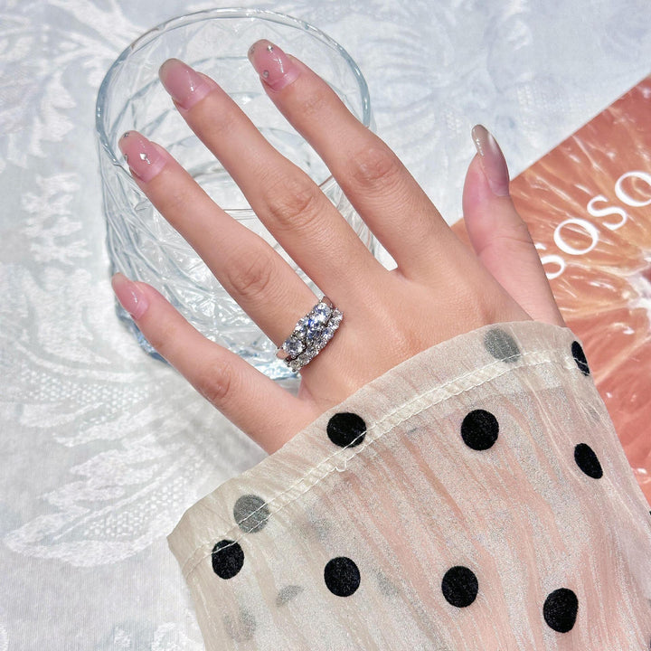 Classic Three Diamond Ring Set, 3-Stone Engagement Ring & Half Eternity Band Gold Silver Stackable Bridal Wedding Rings