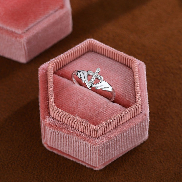 S925 Silver Angel Wing Diamond‑Set Cross Ring, Two‑Tone Faith‑Inspired Ring for Women