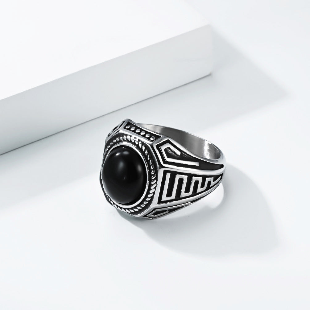 Vintage Meander Pattern Oval Black Onyx Wide Signet Ring, S925 Silver Silver & Matte Black Two-Tone Ethnic Men’s Band
