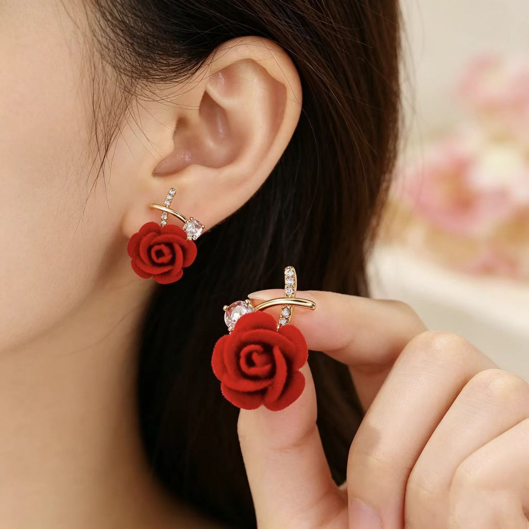 Flocking Rose Pearl Hook Earrings, Gentle Red & Pink Rose Diamond Long Dangle Earrings, Two Colors Available
