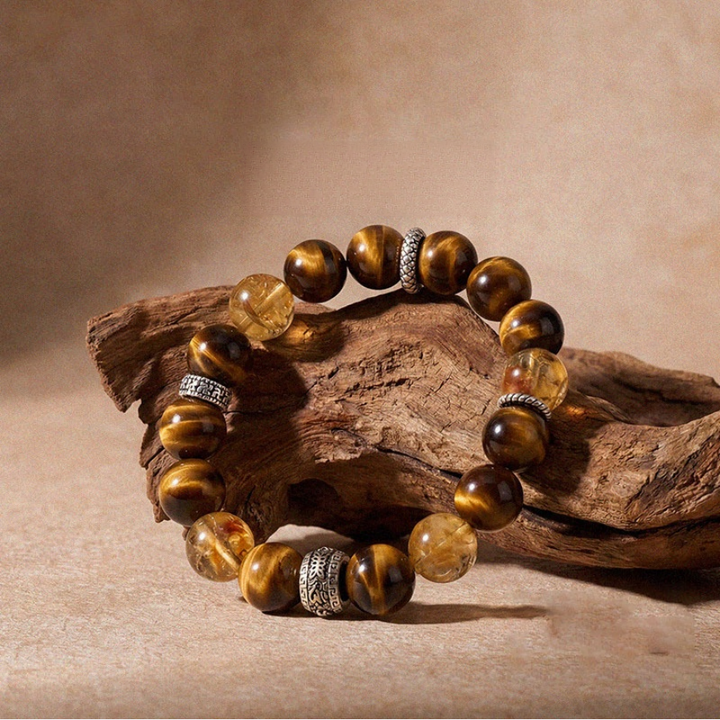 Tiger's Eye & Citrine Beaded Bracelet for Men, Vintage Silver Charm Round Bead Bracelet