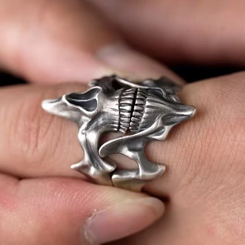 Split Half Skull Open Couple Ring Set, S925 Silver Antiqued Dark Alternative Adjustable Band Pair