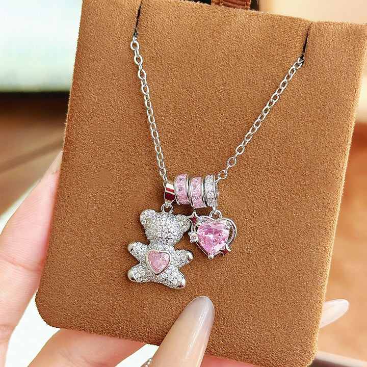 Cute Pave‑Set Bear & Heart Pendant Necklace, Gold & Silver‑Tone Options
