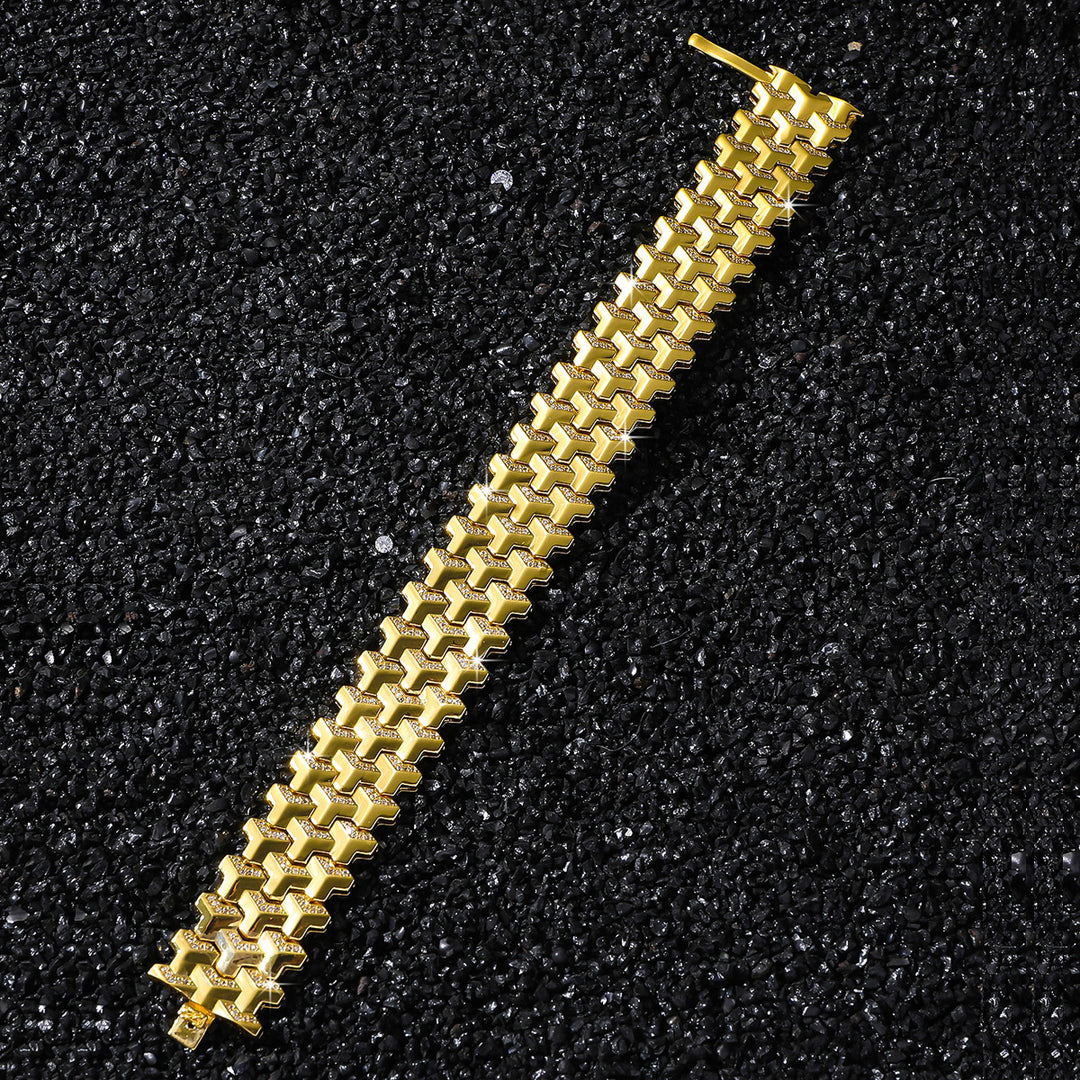 Iced Out Tank Link Wide Bracelet, Hip Hop Luxury Watch Band Style Bracelet for Men