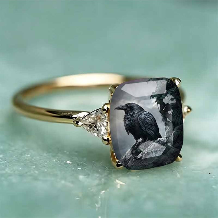 Rectangle‑Shape Crow Printed Ring, Two‑Tone Options