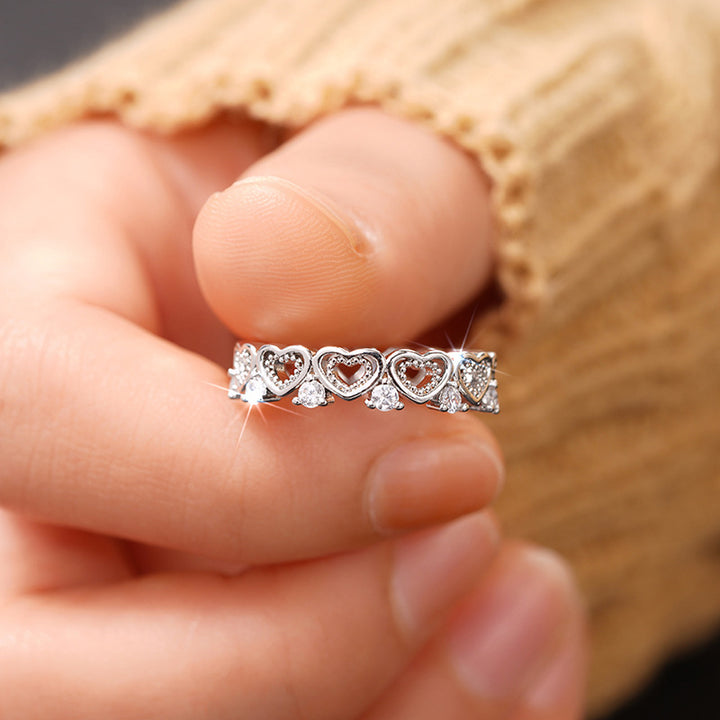 Hollow Heart Paved Diamond Eternity Band Ring, Gold & Silver Dainty Stackable Closed Ring for Women