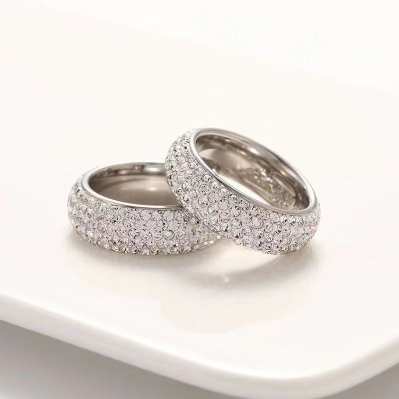 3-Row Paved Diamond Dome S925 Silver Ring, Two-Tone Full Diamond Wide Band