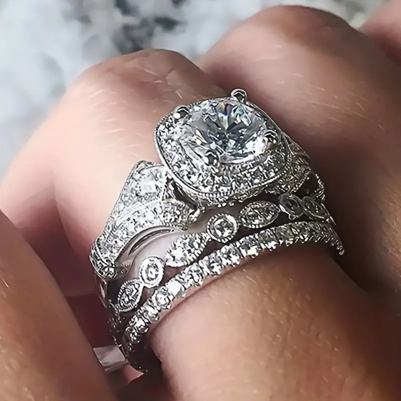 Vintage Milgrain Halo 3-Piece Bridal Ring Set, Solid S925 Silver 3-Tone Heavy Stackable Engagement Band Set