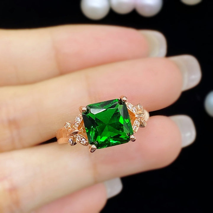 Square Green Main‑Diamond Butterfly Accent Rose‑Gold Ring