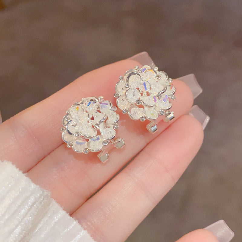 Iridescent White Crystal Hydrangea Clip-On Solid S925 Silver Earrings