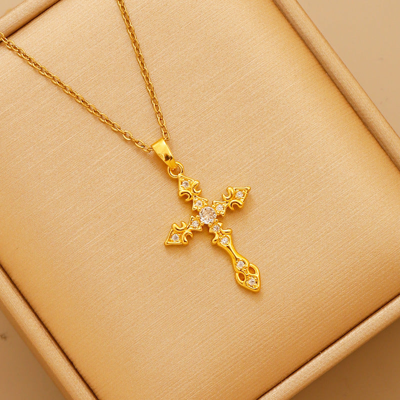 Vintage Engraved Cross Diamond Necklace, S925 Sterling Silver European Pattern Cross Pendant, Gold & Silver Two-Tone Niche Clavicle Chain