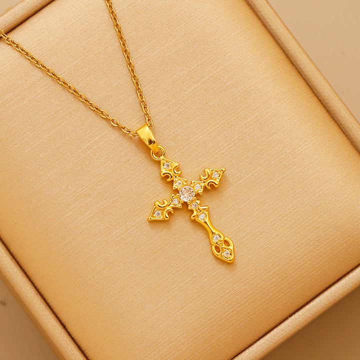 Vintage Engraved Cross Diamond Necklace, S925 Sterling Silver European Pattern Cross Pendant, Gold & Silver Two-Tone Niche Clavicle Chain