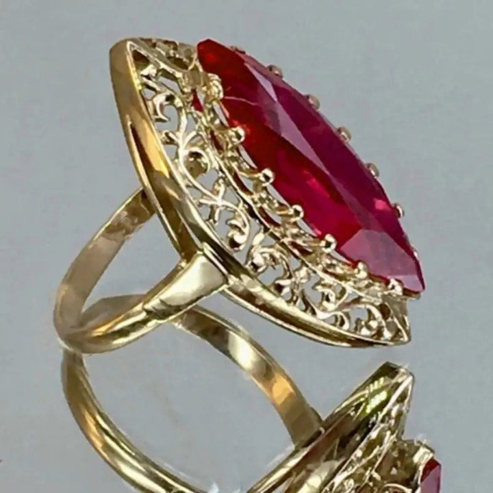 Marquise‑Cut Red Stone Vintage Filigree Gold‑Tone Ring