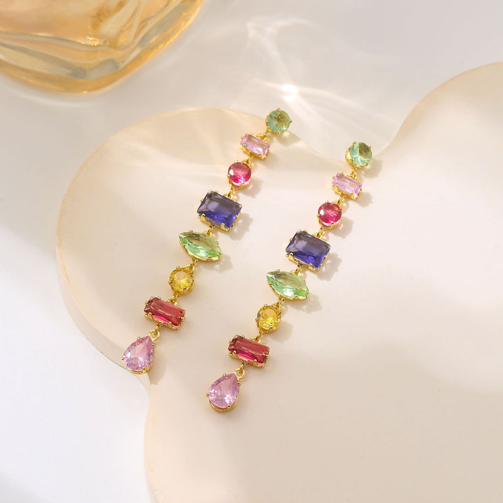 Vintage Rainbow Multi-Shape Diamond Long Drop Earrings, Gold & Silver Luxury Face-Slimming Stud Earrings for Women