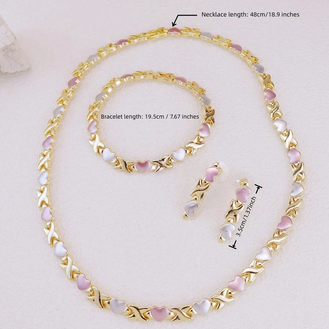 Sweet Two-Tone Enamel Heart Jewelry Set, 3Pcs Necklace Bracelet Earrings Heart Matching Jewelry