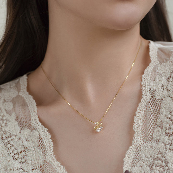 Luxury Pave Diamond Swan Pendant Necklace, 3 Colors Gold/Rose Gold/Silver Elegant Women Collarbone Chain