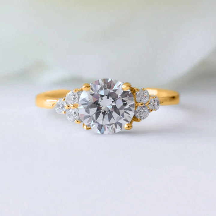 Four-Prong Round Center Stone Side Accent Engagement Ring, Solid S925 Silver Gold & Silver Two-Tone Luxury Promise Jewelry