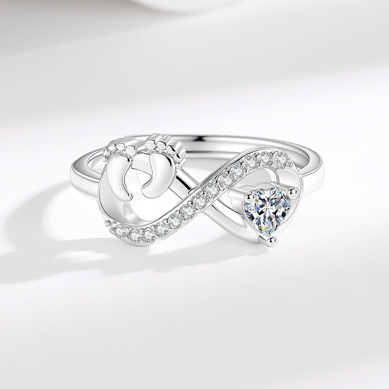 S925 Silver Heart Diamond Baby Footprint Open Ring (Luxury Memorial Band)