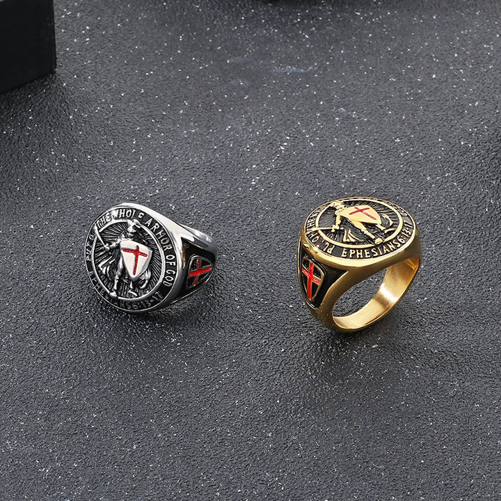 Full Armor of God Knight Cross Men's Signet Ring, 3‑Color Options