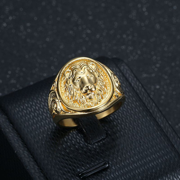 Vintage Embossed Lion Head Titanium Steel Wide Ring, Scroll Pattern Antique Bold Lion Statement Band for Men