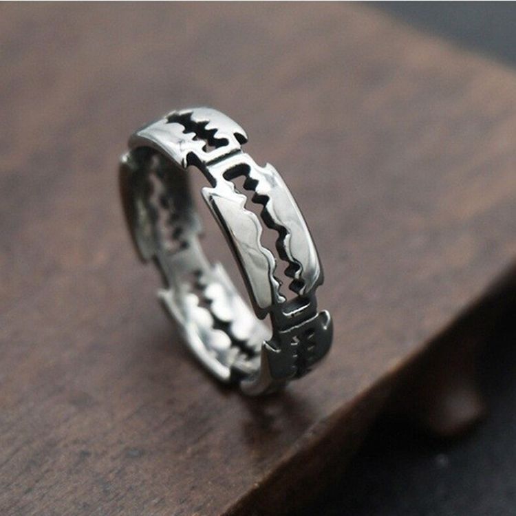 Vintage Razor Blade S925 Silver Ring, Punk Hollow Serrated Edgy Band