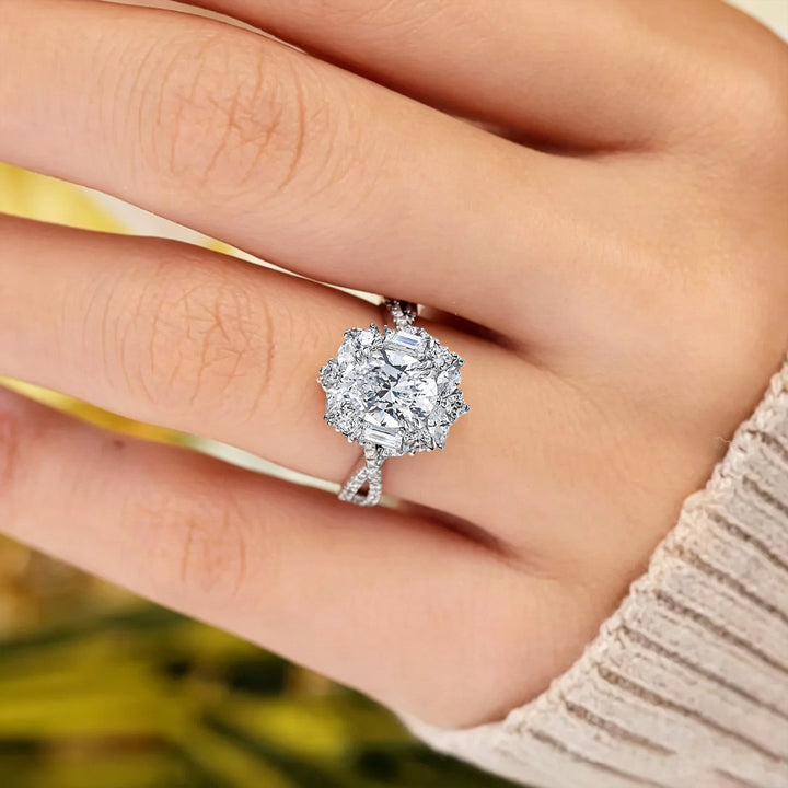 S925 Silver Oval‑Center Floral Halo Diamond Ring, Vintage Twist‑Shank Engagement Ring for Women