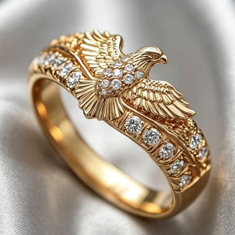 3D Eagle Embossed Pave Diamond Gold-Tone Men’s Wide Ring, Solid S925 Silver Vintage Heavy Eagle Totem Gem Band