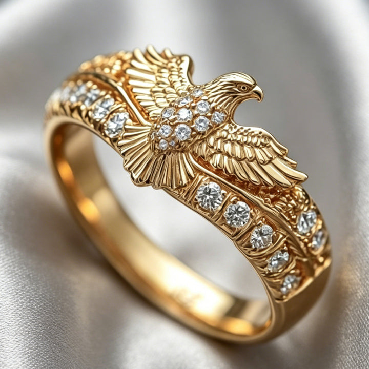 3D Eagle Embossed Pave Diamond Gold-Tone Men’s Wide Ring, Solid S925 Silver Vintage Heavy Eagle Totem Gem Band