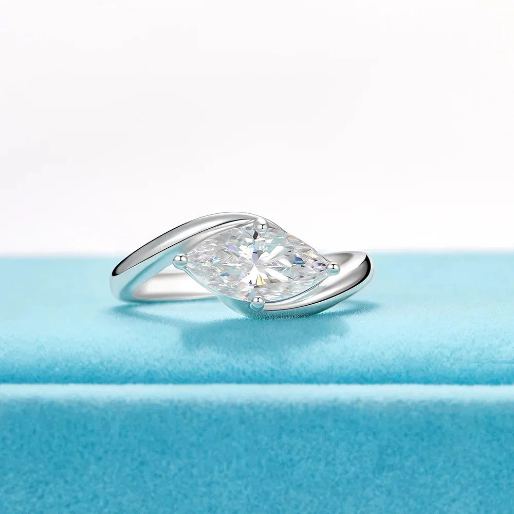 Twist Shank Marquise Stone Four-Prong Ring, Gold & Silver Minimalist Engagement Promise Band