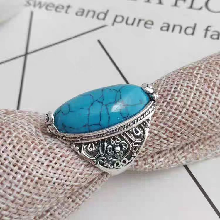 Ethnic Oval Veined Stone Antiqued Wide Ring, Solid S925 Silver 3-Color Turquoise Pattern Band