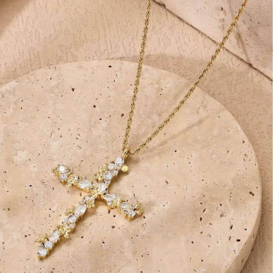 Floral Pave Diamond Cross Twist Rope Necklace, Vintage Luxury Flower Diamond Cross Pendant Chain