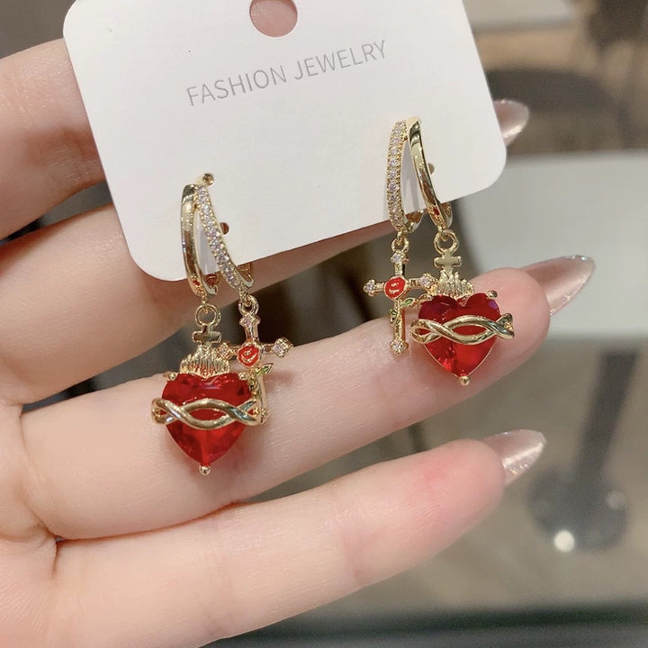 Red Heart Cross Diamond Hoop Earrings, Vintage Red Heart Long Dangle Earrings, Gold Luxury Earrings
