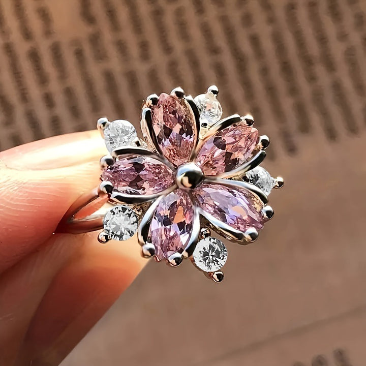 Pink Diamond Cherry Blossom Jewelry Set, Necklace Ring Earring 3‑Piece Kit