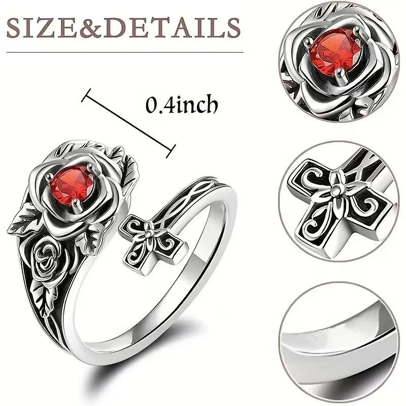 Vintage Red Diamond Rose Cross Double Stacked Ring Set, S925 Silver Antiqued Gothic Floral Separable Band Set