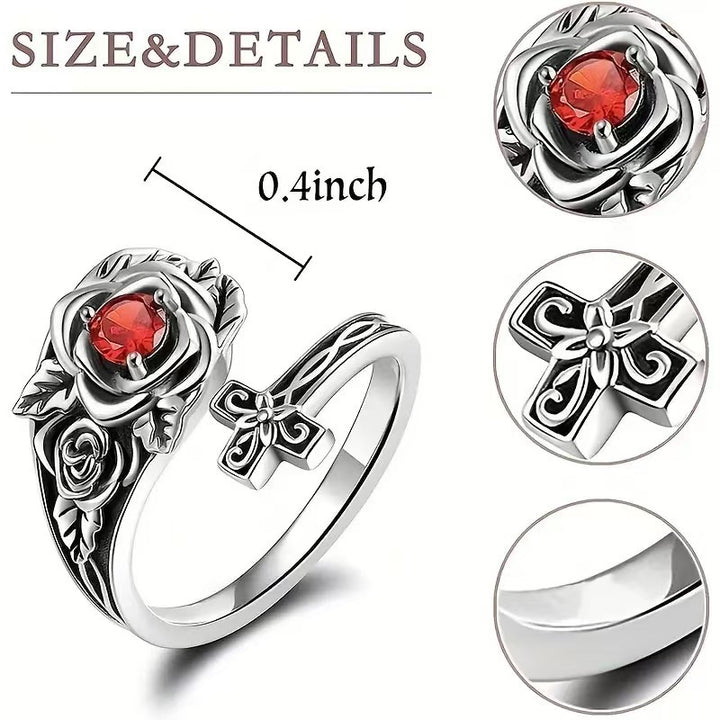 Vintage Red Diamond Rose Cross Double Stacked Ring Set, S925 Silver Antiqued Gothic Floral Separable Band Set