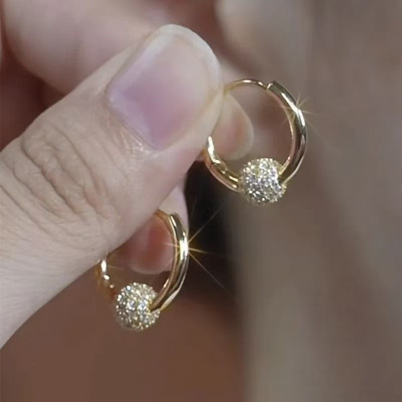 Pavé Crystal Ball Huggie Hoop Earrings, S925 Silver Luxury Slidable Diamond Bead Hoops