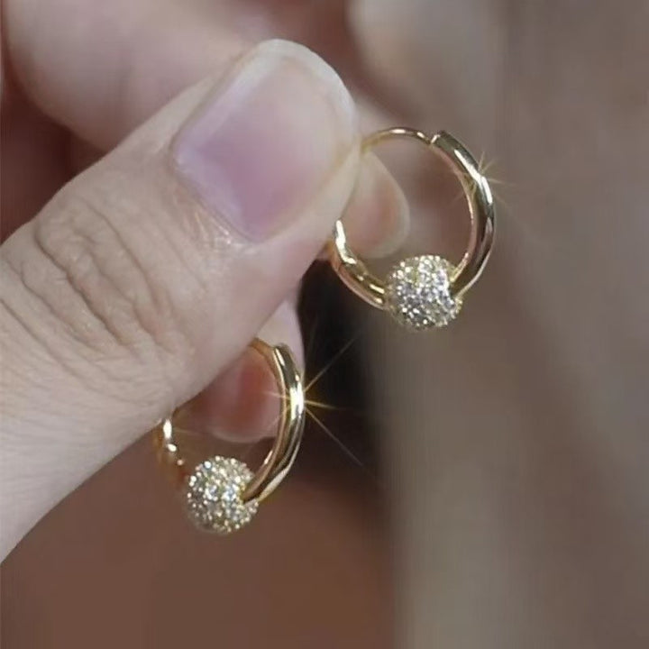 Pavé Crystal Ball Huggie Hoop Earrings, S925 Silver Luxury Slidable Diamond Bead Hoops