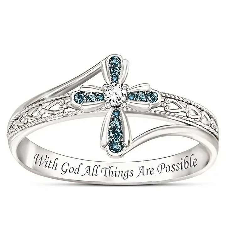 Blue‑White Diamond Cross Engraved Women's Ring