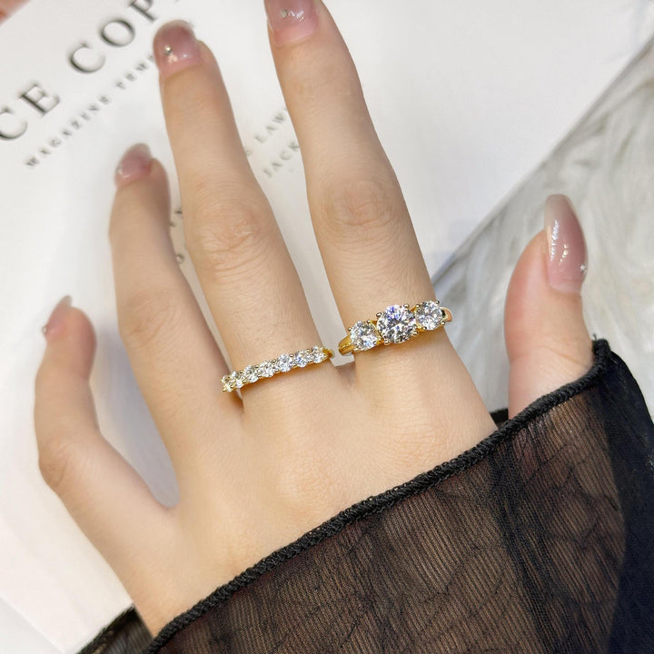 Classic Three Diamond Ring Set, 3-Stone Engagement Ring & Half Eternity Band Gold Silver Stackable Bridal Wedding Rings