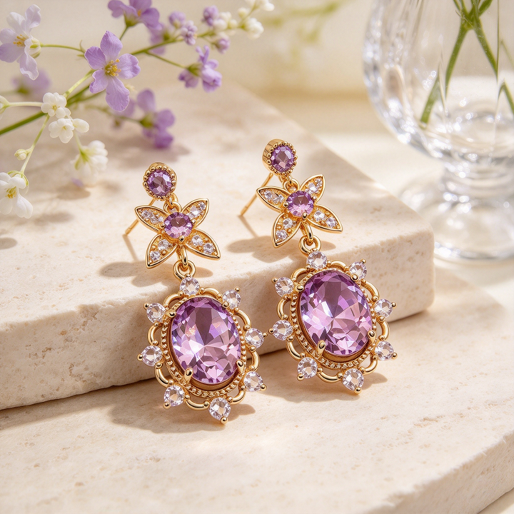 Vintage Amethyst Floral Drop Earrings