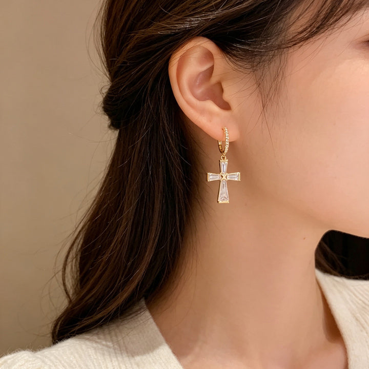 S925 Silver Cross Huggie Earrings, Minimalist Tapered Baguette Diamond Cross Drop Earrings in Gold & Silver