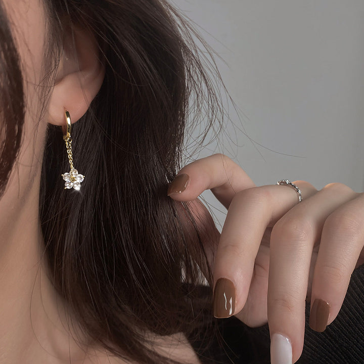 Diamond Flower Drop Huggie Hoop Earrings (2 Colors Delicate Dangle Earrings)